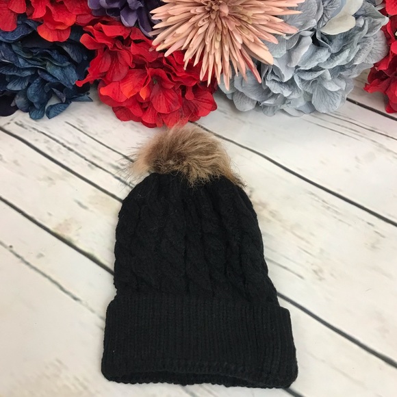 Children’s Black Knitted Beanie with Fur Pom Pom - Picture 5 of 7